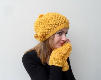 Hand Knitted Hat Mustard Hat Yellow Slouchy Hat Ribbed Chunky Hat,Bubble Hat,Beanie,Sunny Beret Winter Accessory