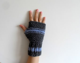 Grey Gloves, Fingerless Gloves, Women Gloves, Winter Fashion,Light Blue Stripes, Dark Grey Clouds