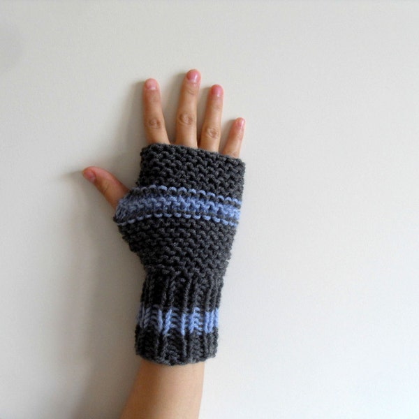 Grey Gloves, Fingerless Gloves, Women Gloves, Winter Fashion,Light Blue Stripes, Dark Grey Clouds