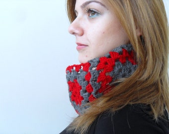 Winter Fashion-Christmas Sale-Crochet Neckwarmer,Blood Red And Dark Gre,Shawl,Thanksgiving Gift Granny Square TeamT