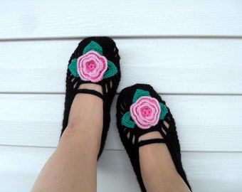 SALE Turkish Home Slippers Pink Flower On Black Slippers- Valentines Day Gift Winter Fashion Hand Crocheted Slippers