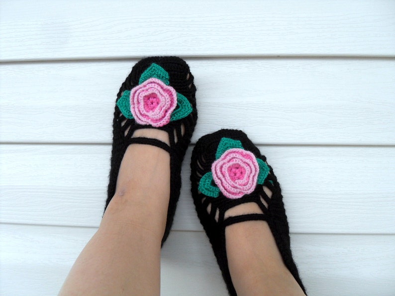 SALE Turkish Home Slippers Pink Flower On Black Slippers Valentines Day Gift Winter Fashion Hand Crocheted Slippers image 1