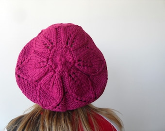 Hand Knitted Hat Raspberry Cherry Slouchy Ribbed Chunky Cute Hat,Beanie,Mesh Beret, Spring Fashion Fuchsia Red Winter Accessory TeamT