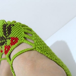 SALE Crocheted Home Slippers-Hand Embroidered Cherries-Pistachio Green Traditional Turkish Design Shamrock St Patricks Day image 2