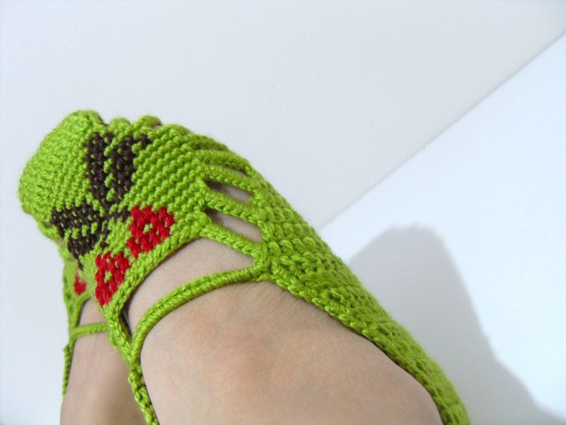 SALE Crocheted Home Slippers-Hand Embroidered Cherries-Pistachio Green Traditional Turkish Design Shamrock St Patricks Day image 2