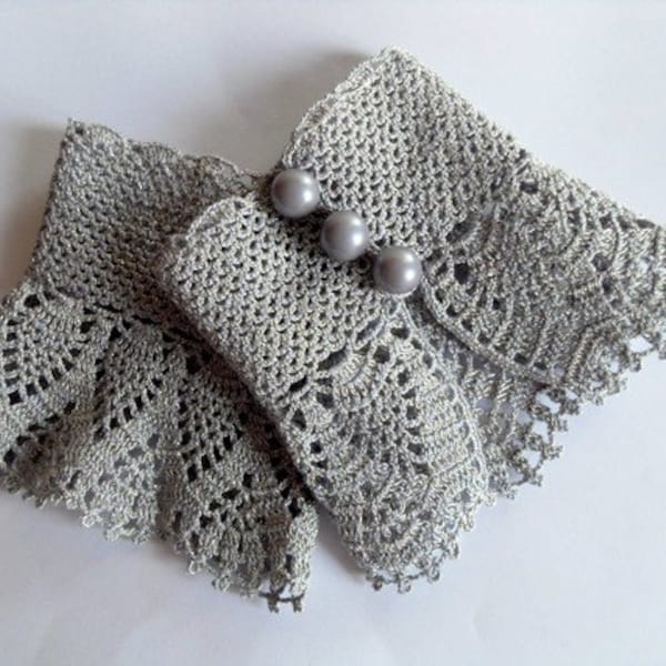 Crochet Gloves Victorian Gloves Gray Lace Gloves Pearl Buttons Bridesmaid gift Shabby Chic Silver Grey Gloves