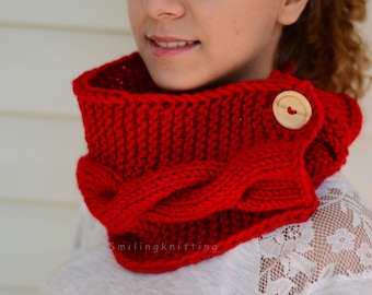 Red Scarf, Christmas Gift, Chunky Cowl, Knit Neck Warmer, Hand Knit Scarf, Neck Warmer, Wood Button