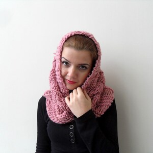 Loop Scarf Hooded Scarf in Rose Pink Blush Carmine Crimson Knitted Shawl Spring Fashion Winter Accessory Chunky Hood image 4