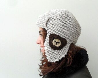 Pilot Hat, Teddy Bear Hat,Chocolate Brown, Teddy, Beige Hat, Knitted Beret, Earflap Hat, Aviator Hat