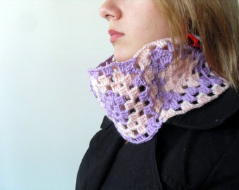 Crochet Neckwarmer,Lilac And Salmon Pink,Christmas Gift,Shawl,Violet,Thanksgiving Gift Granny Square TeamT