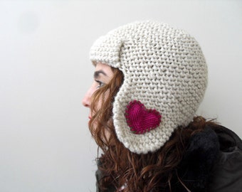 Winter Accessories, Heart Knit Hat, Valentines Day Gift, Pilot Hat for Adults, Hand Knitted Hat, Aviator Hat