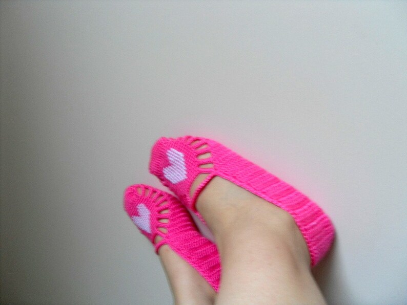 valentines day gift,Pink Home Slippers, White Heart On Candy Pink, Home Shoes, Hand Embroidered, Heart Fasihon image 4