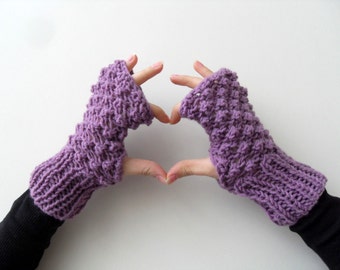 Fingerless Gloves, Purple Gloves, Amethyst Plum Violet, Popcorn Knit, Blackberry Knit, Bubbles, Winter Fashion Valentines Day Gift