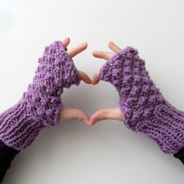 Fingerless Gloves, Purple Gloves, Amethyst Plum Violet, Popcorn Knit, Blackberry Knit, Bubbles, Winter Fashion Valentines Day Gift