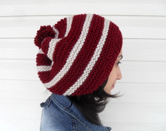 Burgundy Hat, Knitted Slouchy Hat, Christmas Hat, Ribbed,  Chunky Hat, Beanie, Beret, Gift For Her, Gift Under 30