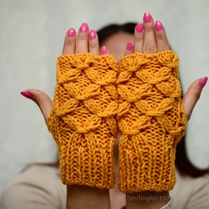 Yellow Fingerless Gloves, Mustard Yellow Hand Knit Gloves, Cable Arm Warmers, Christmas Gift, Stocking Stuffers, Under 25
