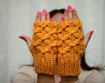 Yellow Fingerless Gloves, Mustard Yellow Hand Knit Gloves, Cable Arm Warmers, Christmas Gift, Stocking Stuffers, Under 25