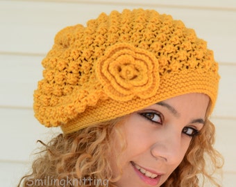 Hand Knitted Hat, Mustard Hat, Slouchy Hat, Beret, Ribbed, Chunky, Yellow Hat, Beanie, Painter Hat