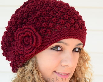 Hand Knitted Hat, Burgundy Knit Hat,Slouchy Hat, Beret,, Ribbed, Chunky, Cute Hat, Beanie, Painter Hat