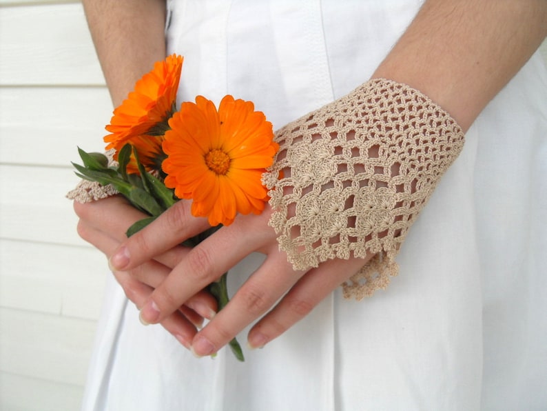 Victorian Gloves,Gothic Gloves, Lace Gloves, Beige Oatmetal, Crocheted Gloves, Pearl Buttons Bridesmaid Gift, Neutral Rustic Shabby Chic image 1