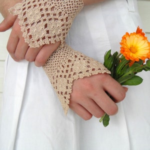 Victorian Gloves,Gothic Gloves, Lace Gloves, Beige Oatmetal, Crocheted Gloves, Pearl Buttons Bridesmaid Gift, Neutral Rustic Shabby Chic image 2