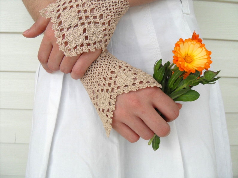 Victorian Gloves,Gothic Gloves, Lace Gloves, Beige Oatmetal, Crocheted Gloves, Pearl Buttons Bridesmaid Gift, Neutral Rustic Shabby Chic image 2