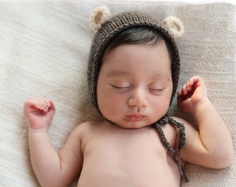 Newborn Photo Prop, Bear baby bonnet, Baby Knit Hat, Brown Baby Bonnet, Newborn Baby, Baby boy Hat, Newborn Photo