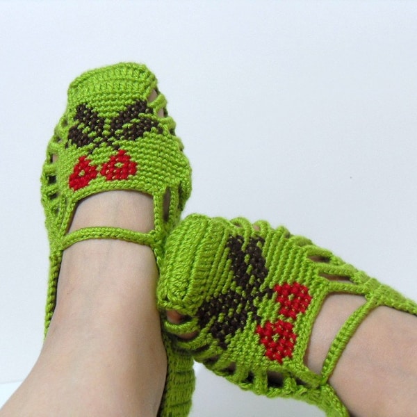 SALE Crocheted Home Slippers-Hand Embroidered Cherries-Pistachio Green Traditional Turkish Design Shamrock St Patricks Day