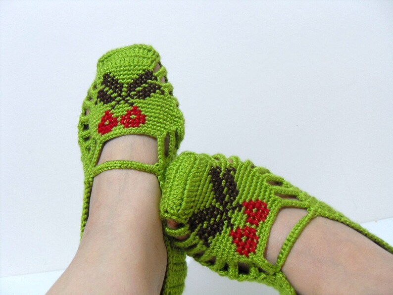 SALE Crocheted Home Slippers-Hand Embroidered Cherries-Pistachio Green Traditional Turkish Design Shamrock St Patricks Day image 1