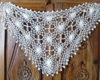 Hand Knitted Ivory Romantic Shawl With Cheerful Flowers-Valentines day Day Earth Tones Wood TeamT
