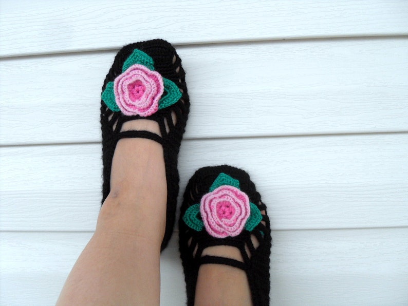 SALE Turkish Home Slippers Pink Flower On Black Slippers Valentines Day Gift Winter Fashion Hand Crocheted Slippers image 4