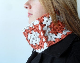 Crochet Neckwarmer,Burnt Orange And Cream,Christmas Gift,Shawl,Earth Tones,Rusty Granny Square TeamT
