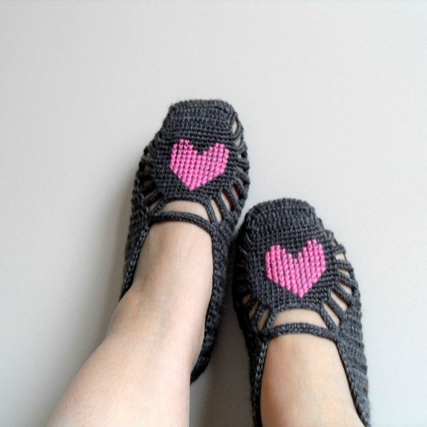 Valentines Day Gift,SALE Crochet Home Slippers, Pink Heart On Grey,  Hand Embroidered