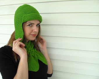 St Patricks Day Gift,Hand Knit Hat and Neckwarmer,Green Pilot Hat, Womens Hat, Winter Accessories, Chunky Cute Hat, Beanie