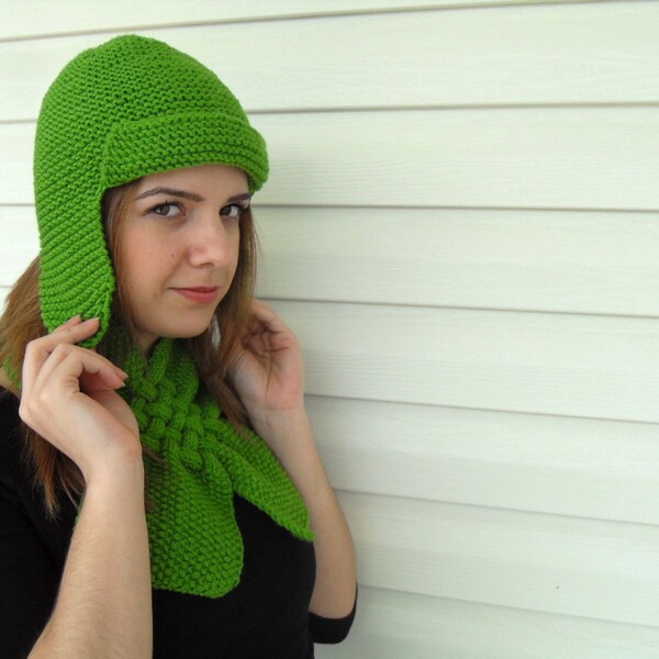 St Patricks Day Gift,Hand Knit Hat and Neckwarmer,Green Pilot Hat, Womens Hat, Winter Accessories, Chunky Cute Hat, Beanie