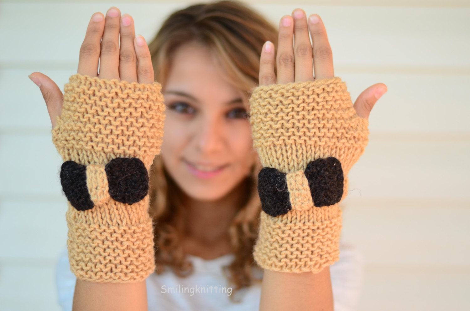 Fingerless Bow Gloves Knit Gloves Arm Warmers Light Brown Etsy