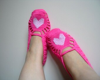 valentines day gift,Pink Home Slippers, White Heart On Candy Pink, Home Shoes, Hand Embroidered, Heart Fasihon