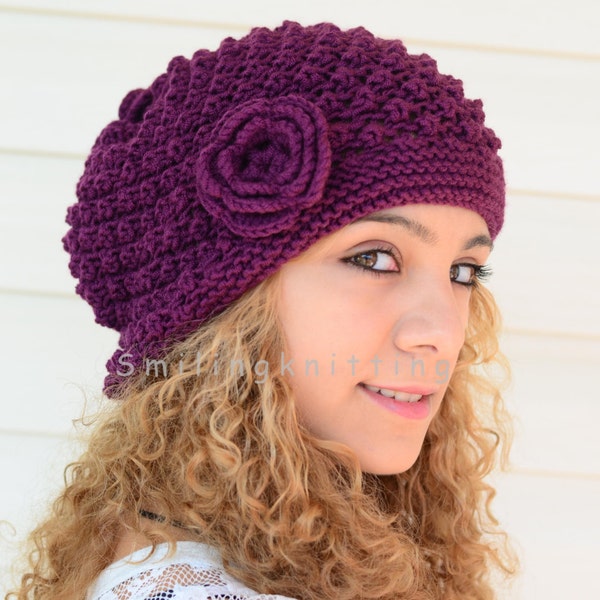 Hand Knitted Hat, Plum Knit Hat,Slouchy Hat, Beret, Ribbed, Chunky Hat, Beanie, Painter Hat