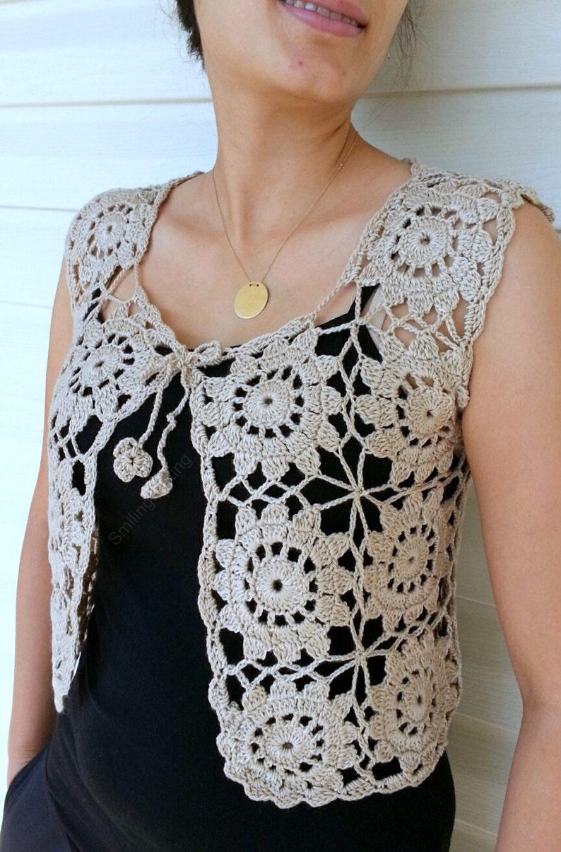 Granny Square Beige Vest Crochet Sweater Lace Top Romantic Etsy