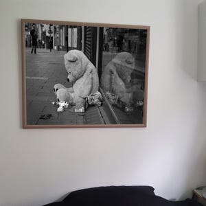 Peut inclure: Une photographie en noir et blanc d'un grand ours en peluche assis sur un trottoir, la tête baissée. L'ours est assis devant une vitrine, et son reflet est visible dans le verre.