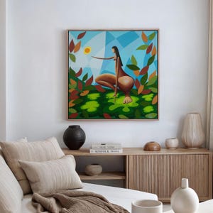 Pode incluir: Uma pintura de uma mulher em um cenário de floresta. A mulher está nua e tem cabelos longos e escuros. Ela está estendendo a mão em direção a um sol amarelo no céu. O fundo é uma mistura de cores verdes, azuis e marrons.