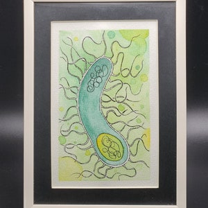 May include: A framed watercolor painting featuring a stylized, teal-colored, curved shape with a yellow interior, set against a green background with black line details. The artwork is framed in a white frame.