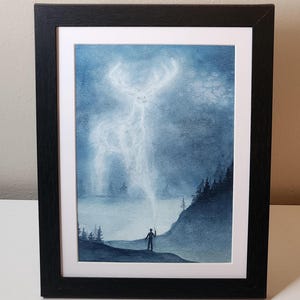 May include: A watercolor painting of a stag, a figure, and a forest. The stag is a white silhouette against a blue sky. The figure is standing on a hill, looking up at the stag. The forest is in the background, with dark blue trees.