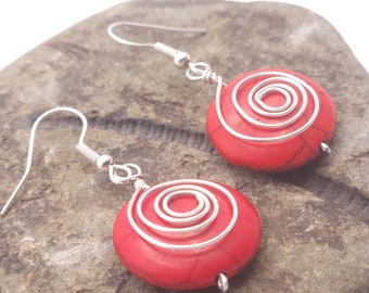 Red howlite spiral earrings