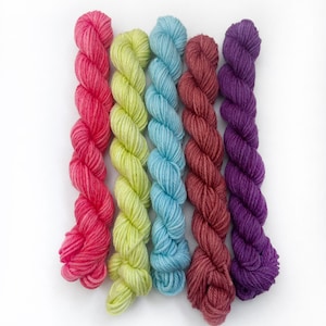 Hand Dyed Mini Skein Yarn Set, 20g Skeins, yards, SW Merino DK Weight Coral Purple Blue Neon Gift for Knitters