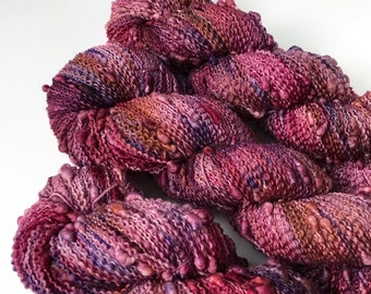 Hand dyed yarn “FALL SPLENDOR” Purple Pink Brown Gold textured fingering weight SW yarn, 100 grams, ready to ship