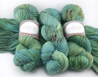 Hand Dyed Yarn “TERRA NOVA” Green Blue Yellow Brown Speckled SW Merino Fingering Sock Yarn, Ready to Ship 100g 437 yards