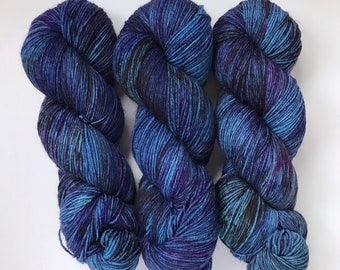 Hand Dyed Yarn “SORCERER’S APPRENTICE” Blue Purple Black Superwash Merino DK Sock Yarn, Ready to Ship 100g 246 yards