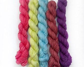 Hand Dyed Mini Skein Yarn Set, 20g Skeins, yards, SW Merino DK Weight Coral Purple Blue Neon Gift for Knitters