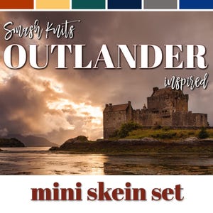 May include: A mini skein yarn set inspired by the popular TV show "Outlander". The set features a variety of colors, including dark blue, gray, teal, orange, and brown. The image also includes a scenic view of a castle on a rocky island with a dramatic sunset in the background.